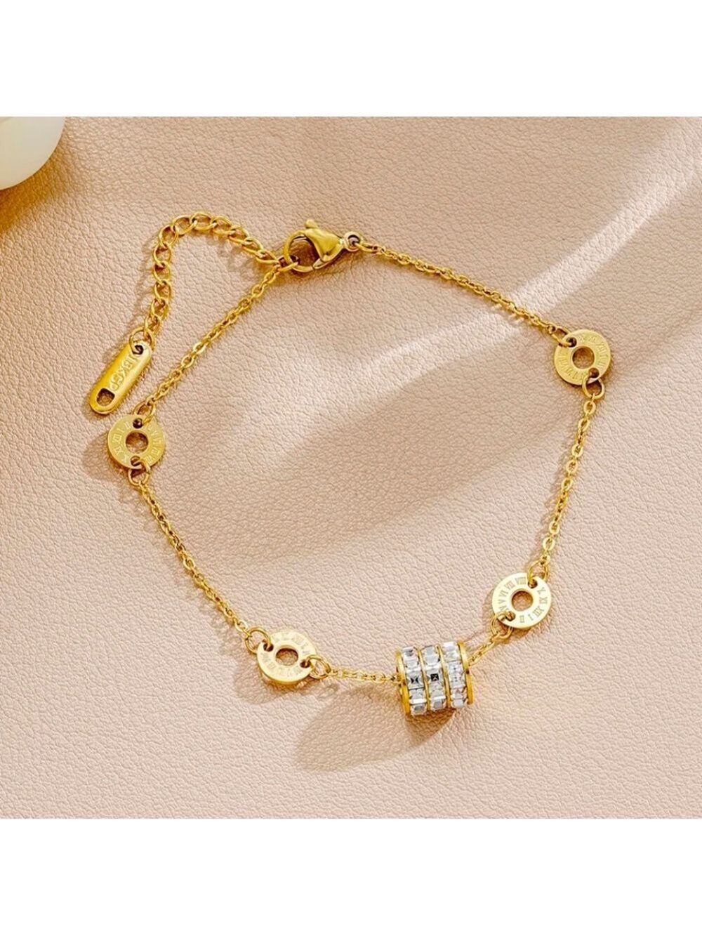 18k Gold Plated Stainless Steel Simulated Diamond Barrel, Roman Numeral Bracelet